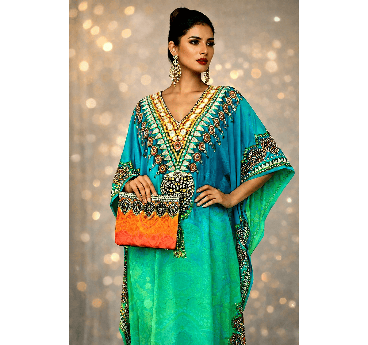 Multicolor Gradient Kaftan Dress with Wide Sleeves and Ornamental V-Neck Resort Wear Garment thumbnail
