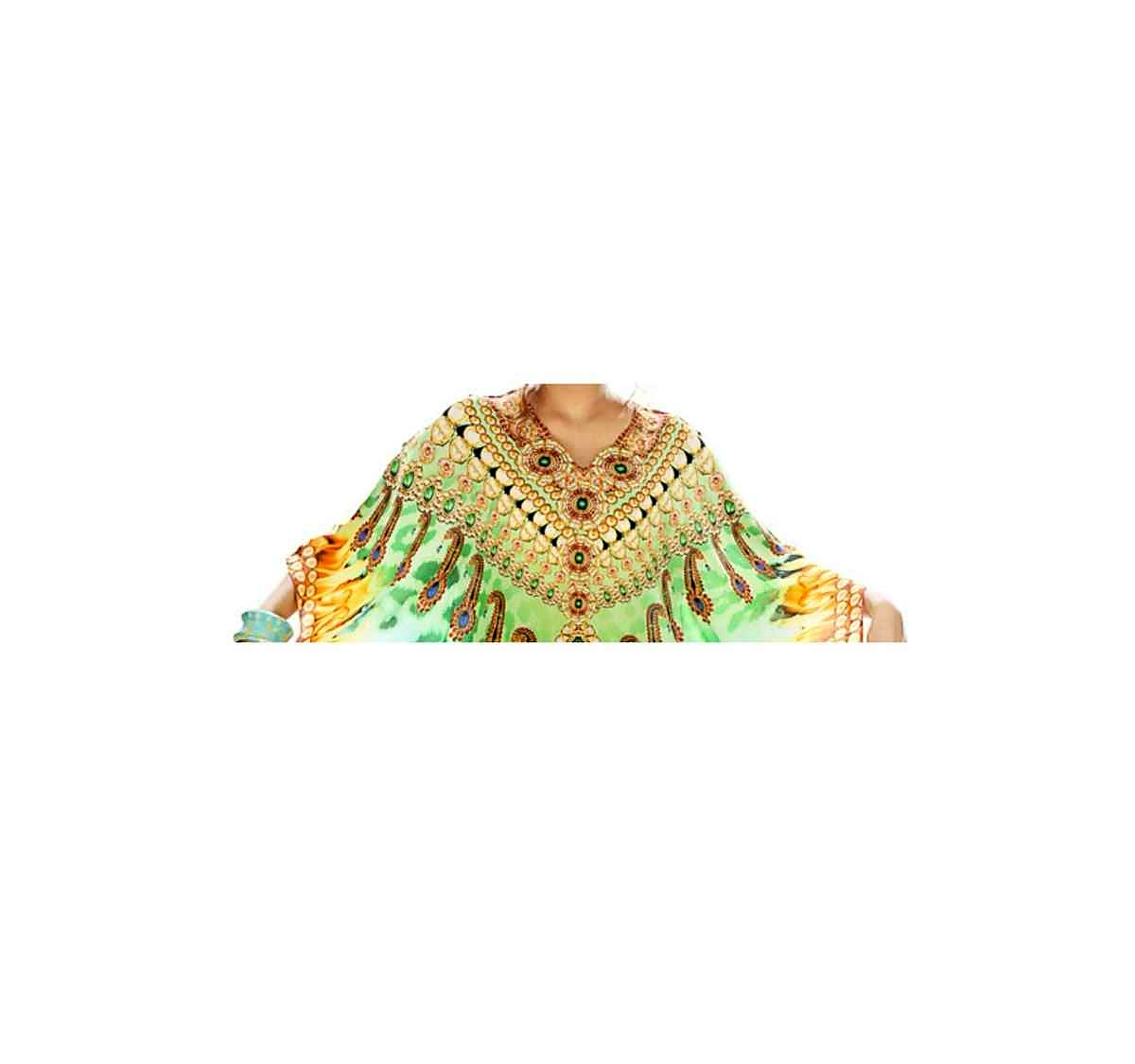 Elegant Womens Printed Kaftan Dress Vibrant Tribal Design Georgette Free Size Loose Fit Comfortable Sexiness Summer Beachwear @ Printed Kaftan Dress thumbnail