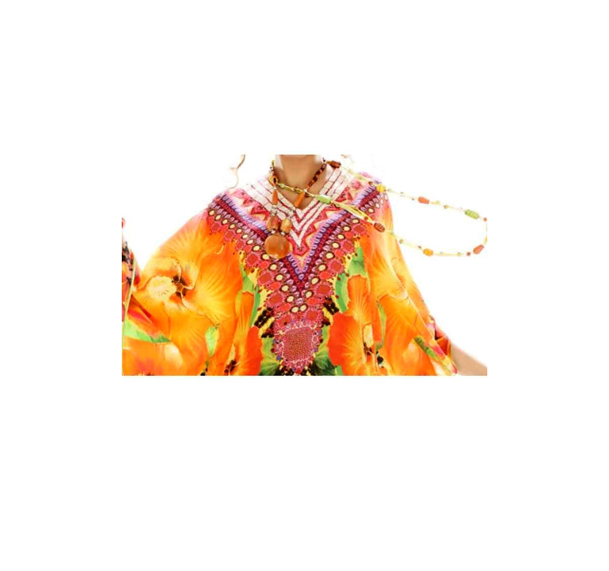 Lightweight Womens Kaftan Long Georgette Dress With Tribal Prints One Size Fits Most Perfect for Vacation Resort Sexiness Wear @ Printed Kaftan Dress thumbnail