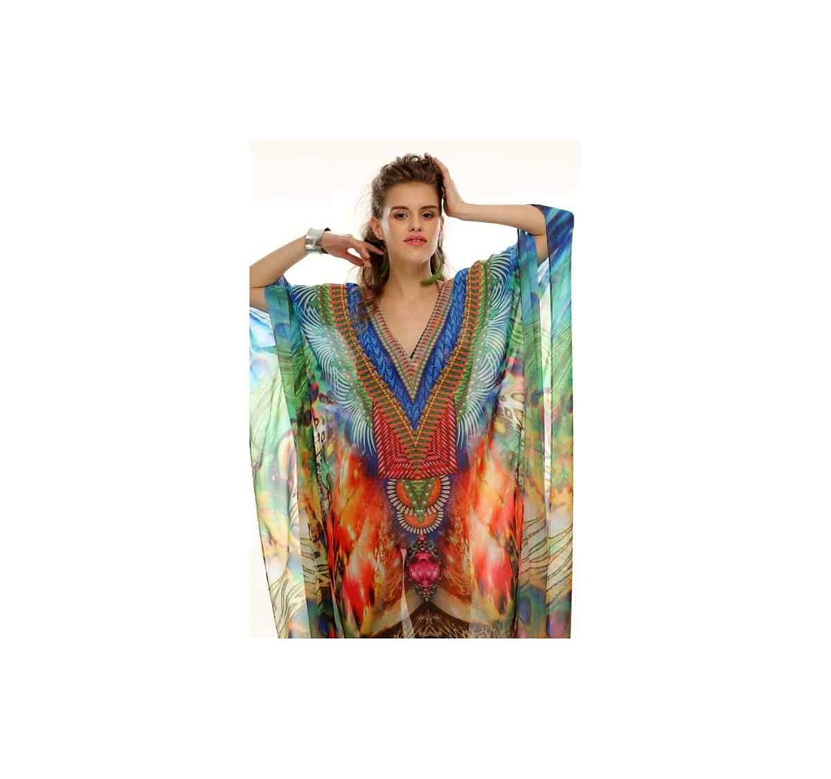 Womens Long Kaftan Dress Georgette Loose Fit Tribal Print One Size Perfect for Vacation Beachwear Sexiness Daily Outfits @ Printed Kaftan Dress thumbnail