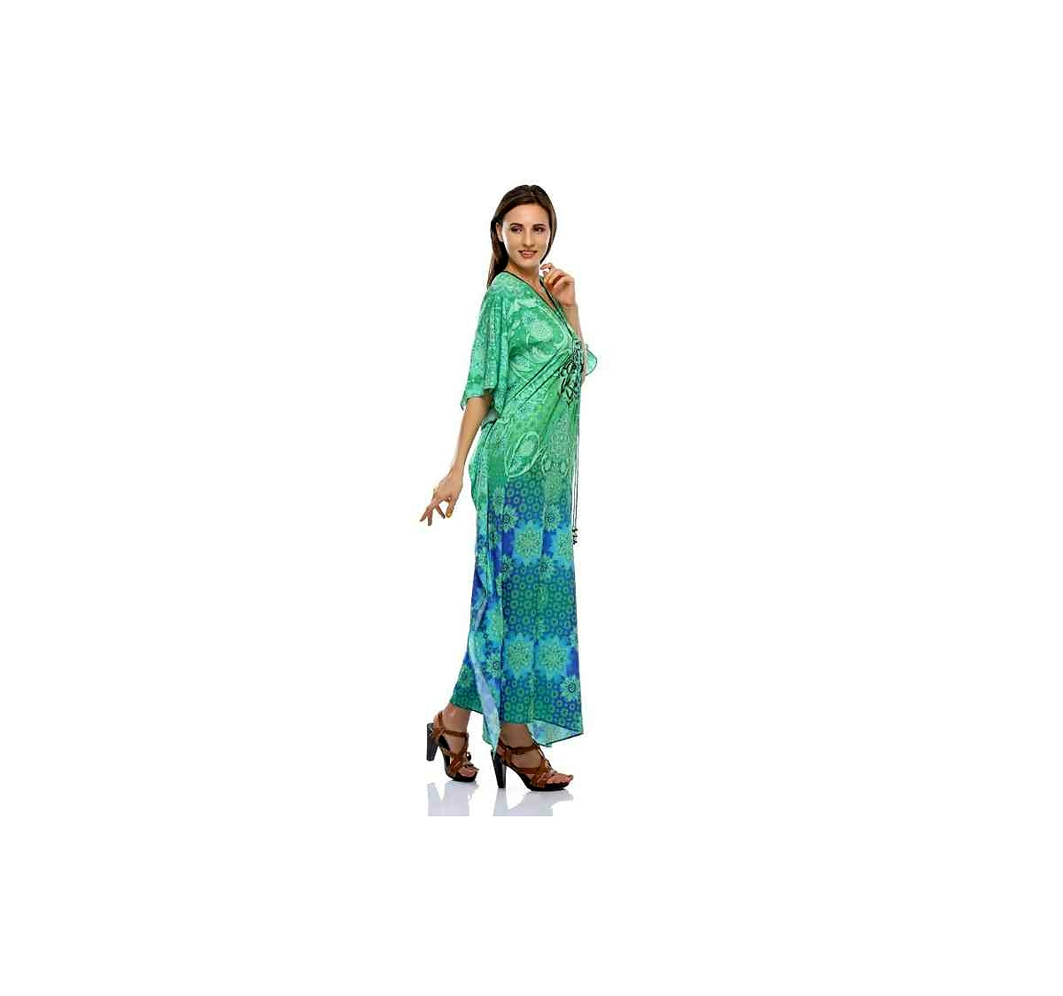 Stylish Tribal Print Georgette Kaftan Maxi Dress Free Size Lightweight Womens Loose Fit Outfit for Daily Vacation Wear @ Printed Kaftan Dress