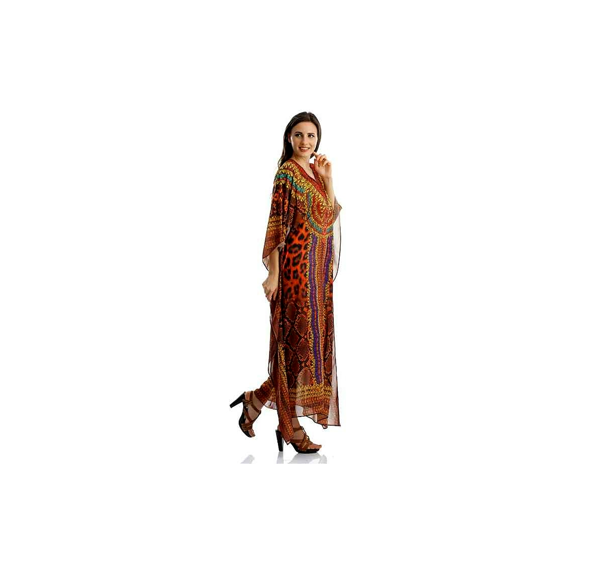 Vibrant Georgette Tribal Print Kaftan Maxi Dress for Women Lightweight Free Size Loose Fit Summer Beach Vacation Wear Outfit @ Printed Kaftan Dress