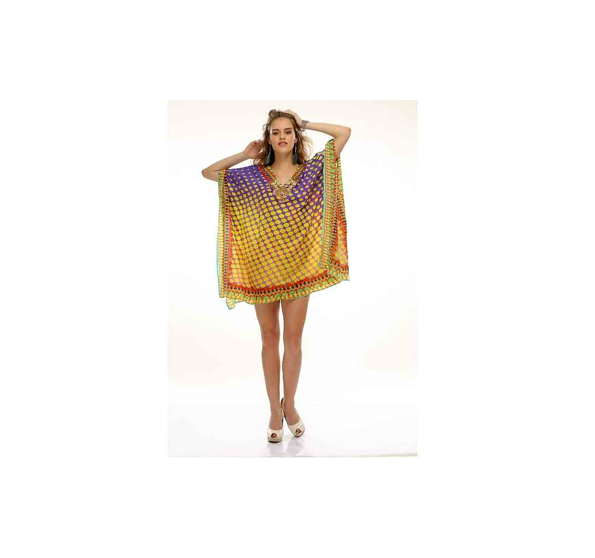 Premium Quality Elegant Womens Summer Beach Kaftan Georgette Tribal Print Relaxed Fit Lightweight Sexiness Comfortable Beachwear @ Printed Kaftan Dress thumbnail