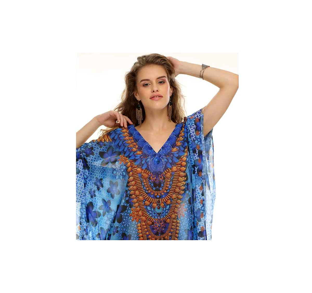 High Quality Lightweight Tribal Print Georgette Kaftan Maxi Dress for Women Free Size Comfortable Sexiness Beach One-Piece @ Printed Kaftan Dress