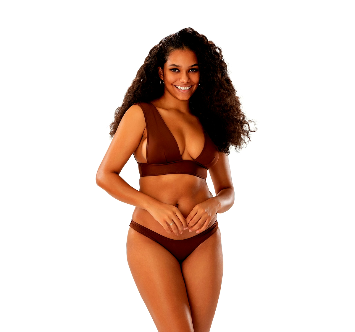 Brown Two-Piece Bikini Set Deep V-Neck Top with Wide Straps and Low-Rise Bottom thumbnail