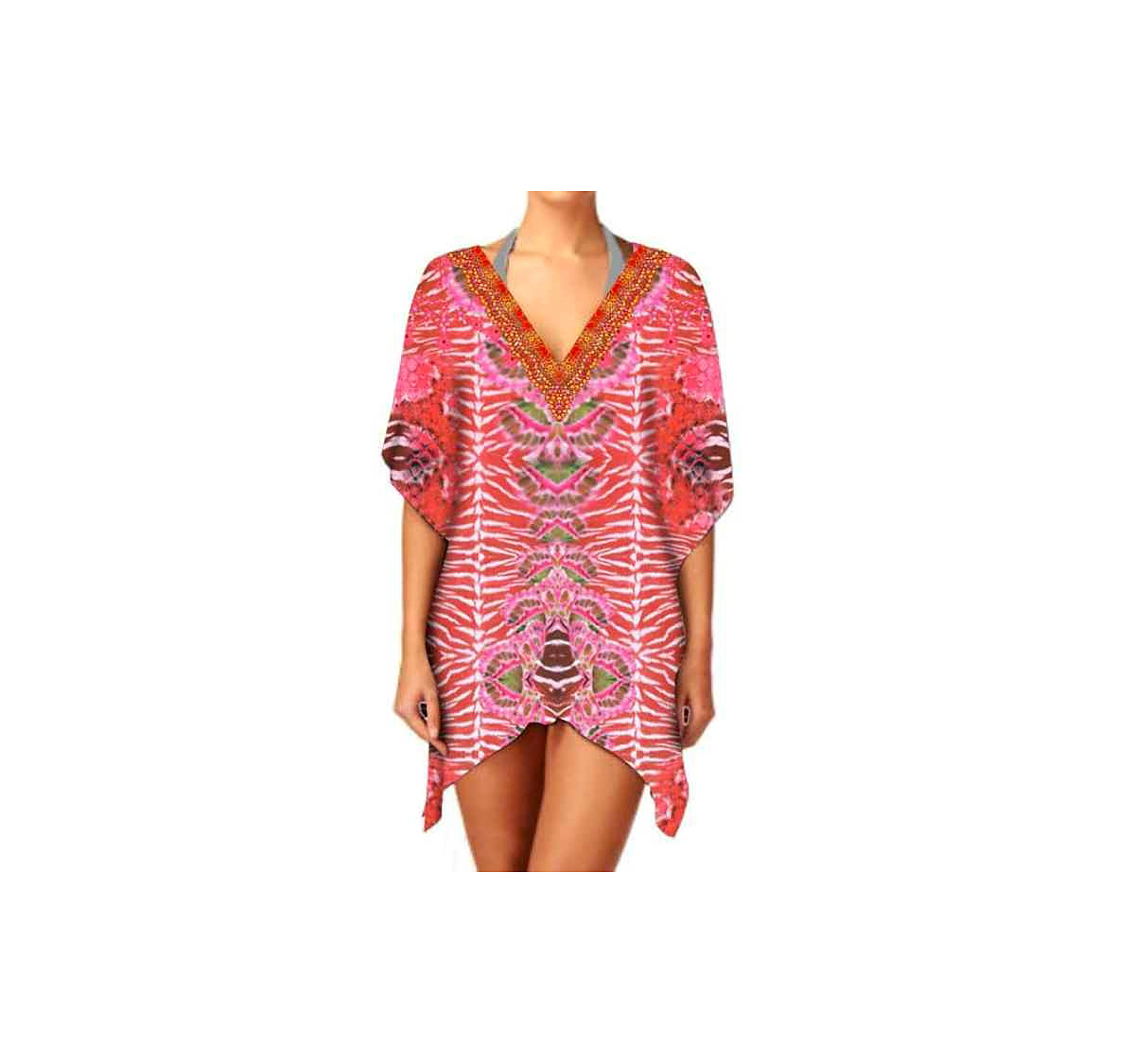 Stylish Comfortable Summer Short Kaftan Dress for Women Breathable Lightweight Fabric V-Neck Digital for Casual Beach Outings @ Short Length Kaftan thumbnail