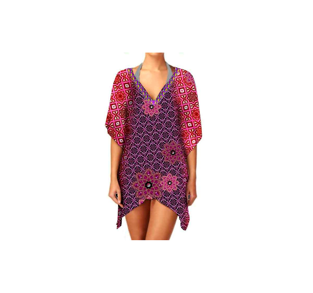 Stylish Women's Summer Casual Kaftan Dress Comfortable Loose Fit with V-Neck Breathable Fabric Digital Printed for Beachwear @ Short Length Kaftan thumbnail