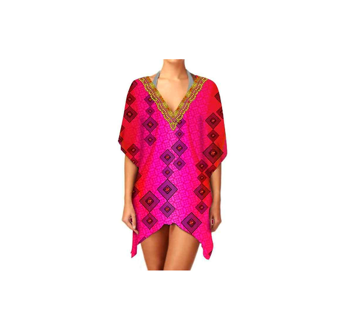 Ladies Summer Casual Trendy Kaftan Dress Comfortable Soft Lightweight One-Piece V-Neck Short Length Wear Enhanced Sexiness @ Short Length Kaftan