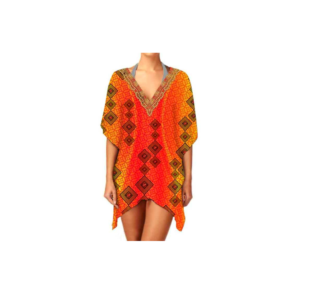 Women's Elegant V-Neck Kaftan Dress Fashionable Short Design Digital Printing Breathable Fabric Sexy One-Piece Summer Wear @ Short Length Kaftan thumbnail