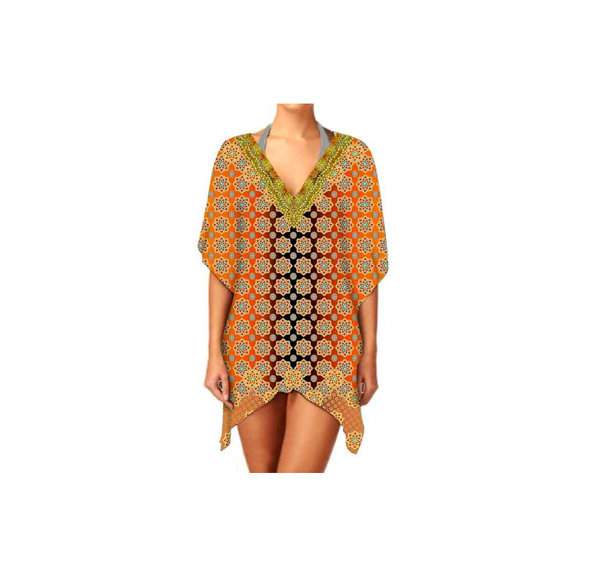 Elegant Lightweight Women's Kaftan Dress V-Neck Digital Printing Stylish One-Piece Beachwear for Casual Sexiness Everyday Wear @ Short Length Kaftan thumbnail
