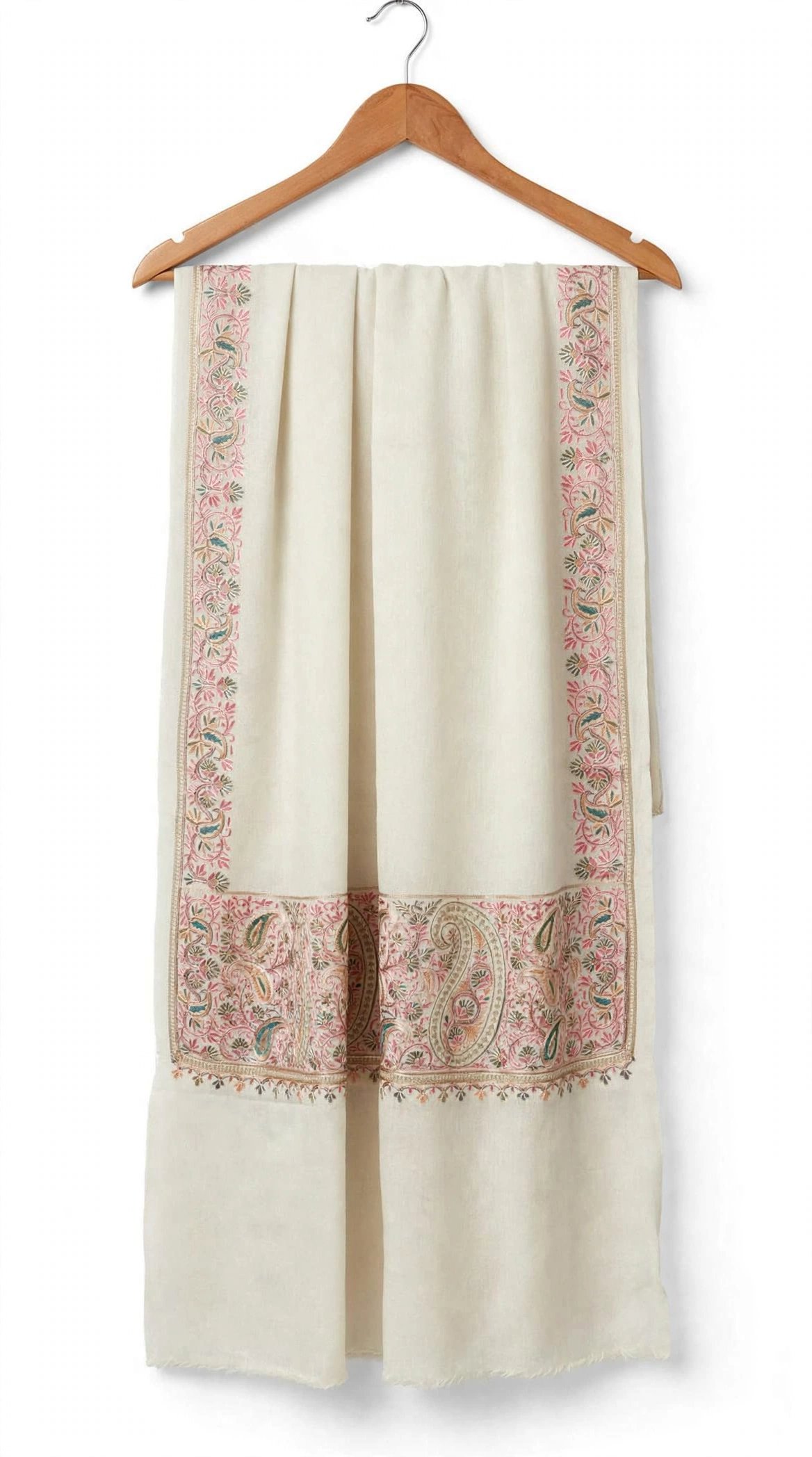 Ivory Paisley Floral Border Natural ivory Pashmina enriched with multicolour floral and paisley hand embroidery in soft pink, blue and green