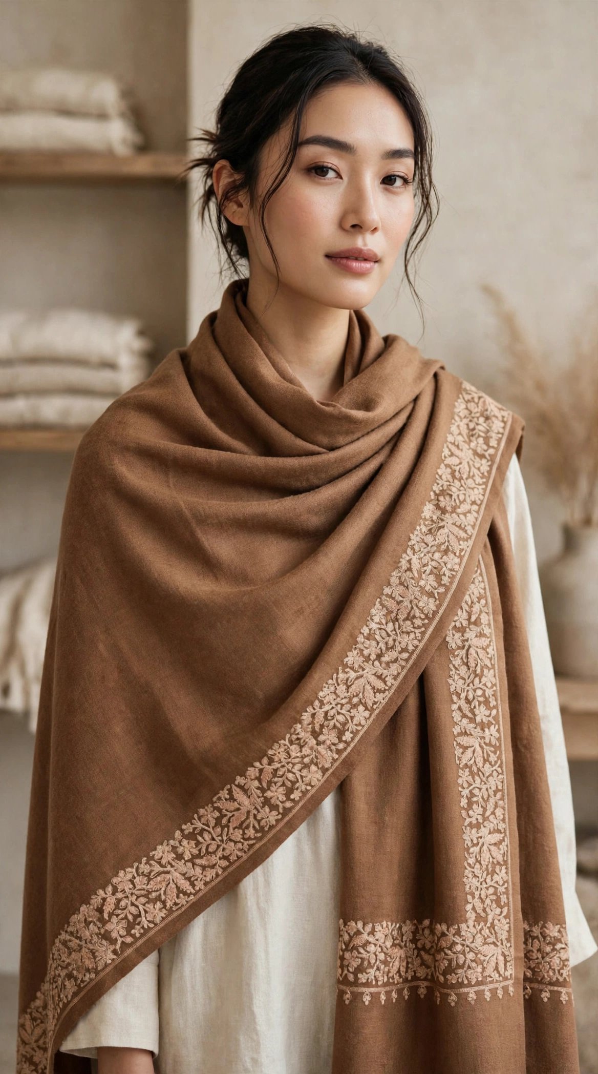 Camel Botanical Heritage Warm camel Pashmina detailed with delicate ivory and beige botanical hand embroidery, designed for understated thumbnail