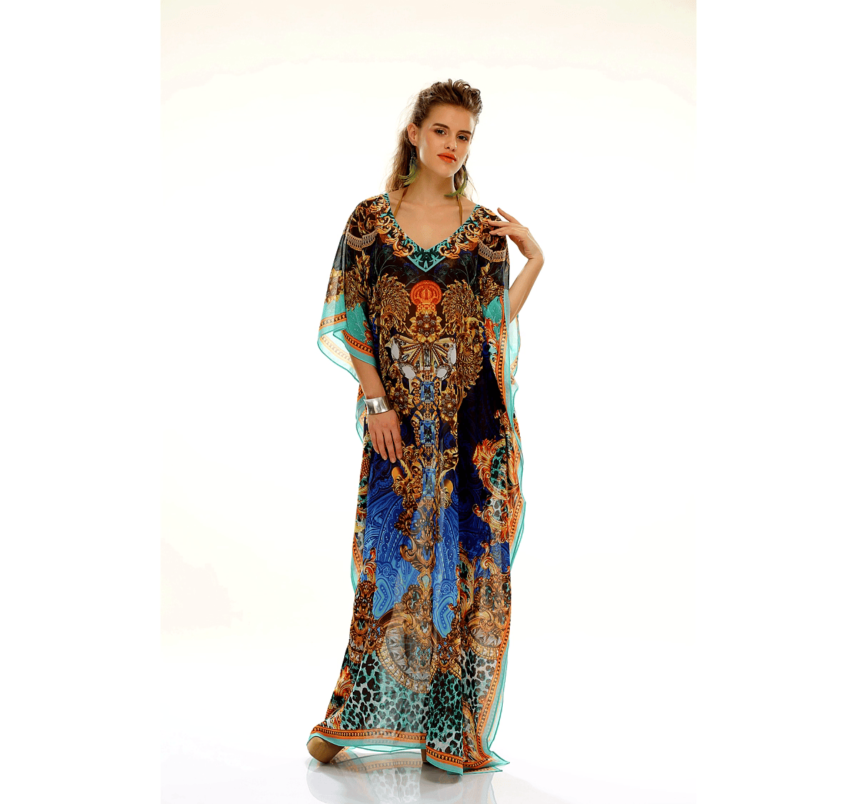 Full-Length Animal Print Kaftan Dress with Wide Sleeves and V-Neck Tie Front Resort Wear Garment