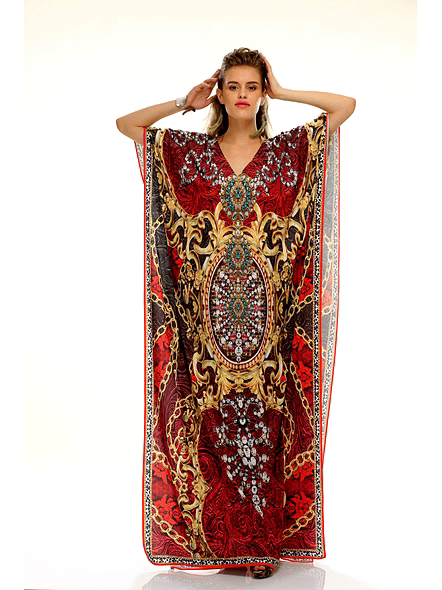 Full-Length Ornamental Print Kaftan Dress with Wide Sleeves and V-Neck Resort Wear Garment