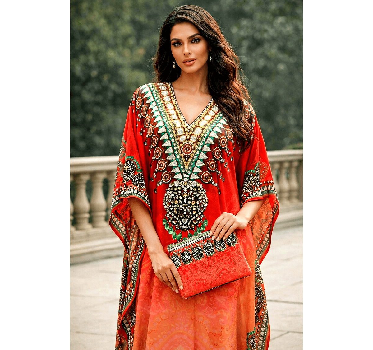 Multicolor Gradient Printed Kaftan Dress with Wide Sleeves and V-Neck Ornamental Resort Wear