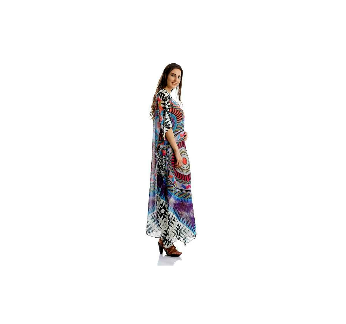 Elegant Lightweight Georgette Tribal Kaftan Maxi Dress for Women Free Size Loose Fit Comfortable Summer Beach Resort Wear @ Printed Kaftan Dress
