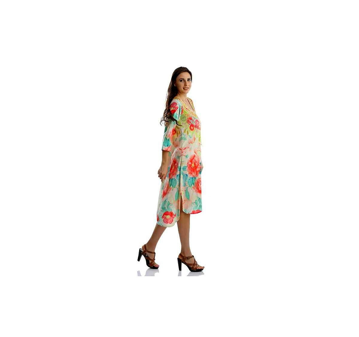 Comfortable Stylish Georgette Womens Kaftan Maxi Dress Free Size Loose Fit Vibrant Digital Tribal Print for Summer Vacation Wear @ Printed Kaftan Dress