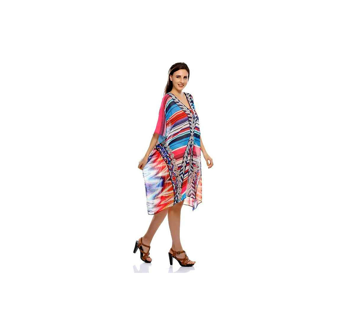Womens Lightweight Georgette Maxi Kaftan Vibrant Tribal Print Loose Fit Free Size Summer Vacation Resort Beach Wear Dress Sale @ Printed Kaftan Dress