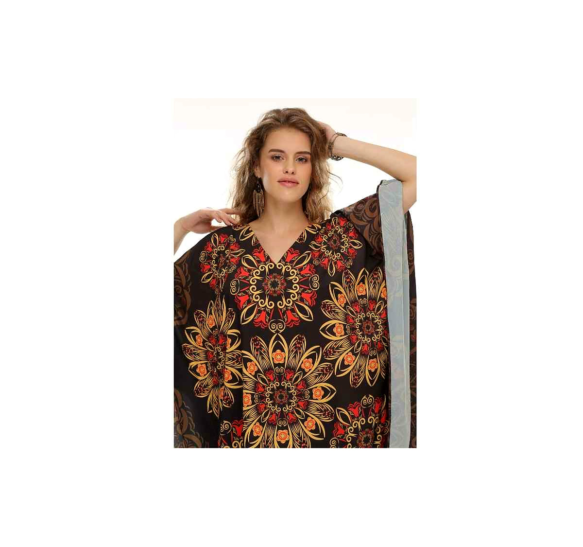 High Quality Womens Kaftan Maxi Dress Beautiful Georgette Tribal Print Loose Fit Summer Beachwear Sexiness Free Size One-Piece @ Printed Kaftan Dress