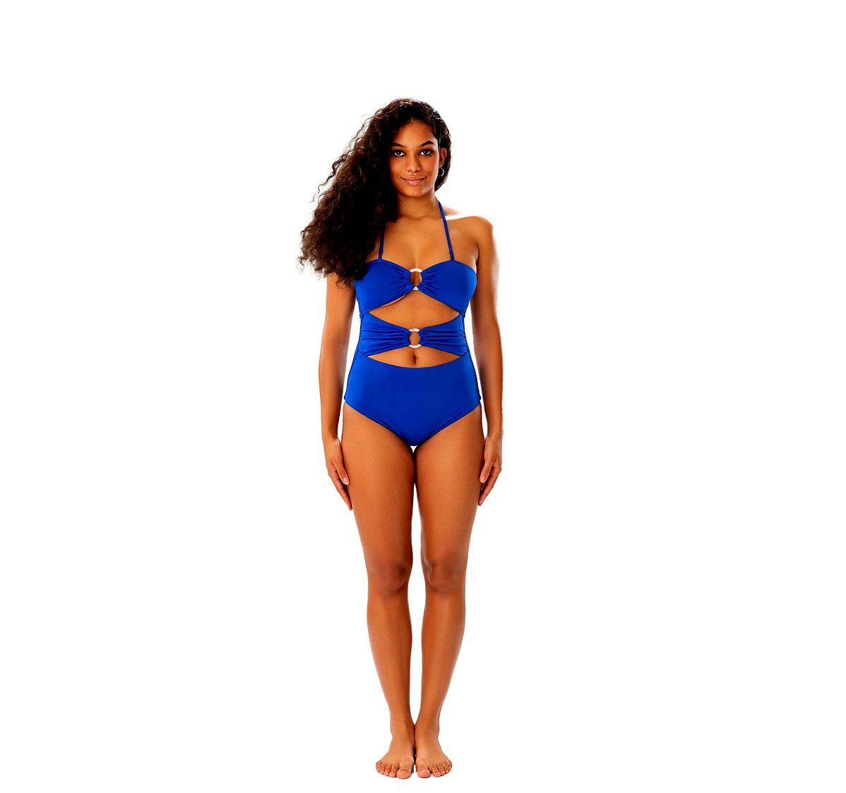 Blue Cut-Out One-Piece Swimsuit with Ring Detail Bandeau Halter Beachwear