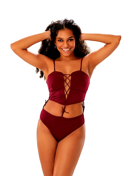 Burgundy Cut-Out One-Piece Swimsuit with Lace-Up Front and High-Cut Bottom Beachwear