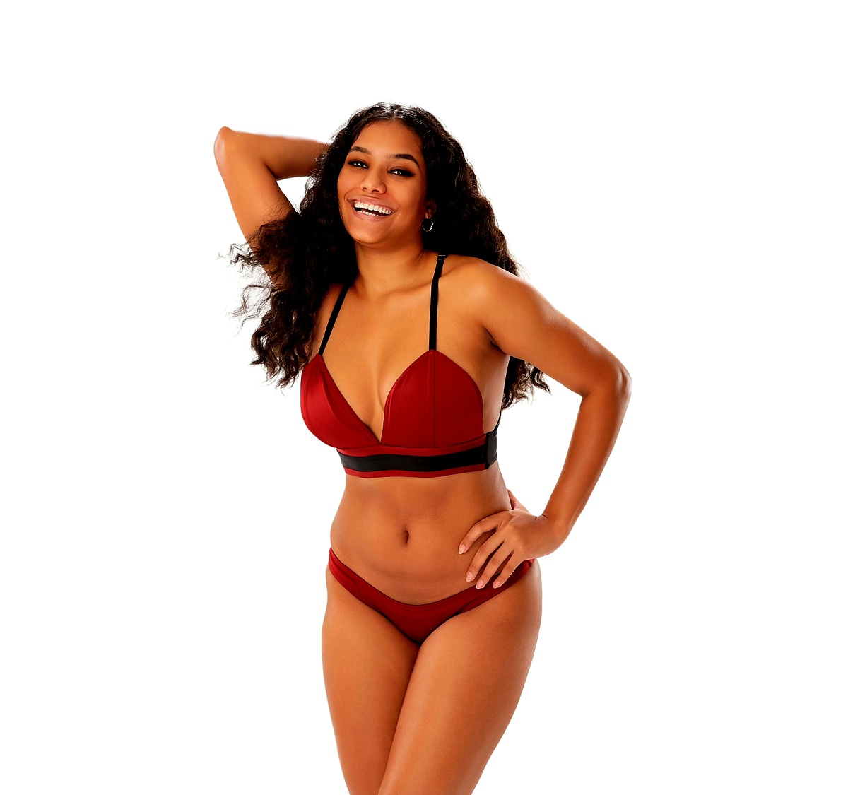 Burgundy and Black Two-Piece Bikini Set Bra-Style Top with Contrast Band Swimwear