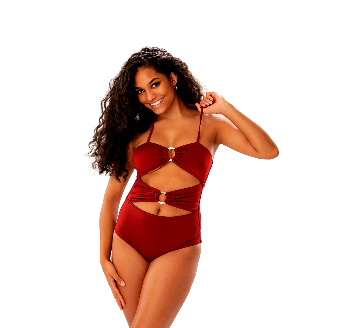 Burgundy Cut-Out One-Piece Swimsuit with Ring Detail Bandeau Halter Beachwear
