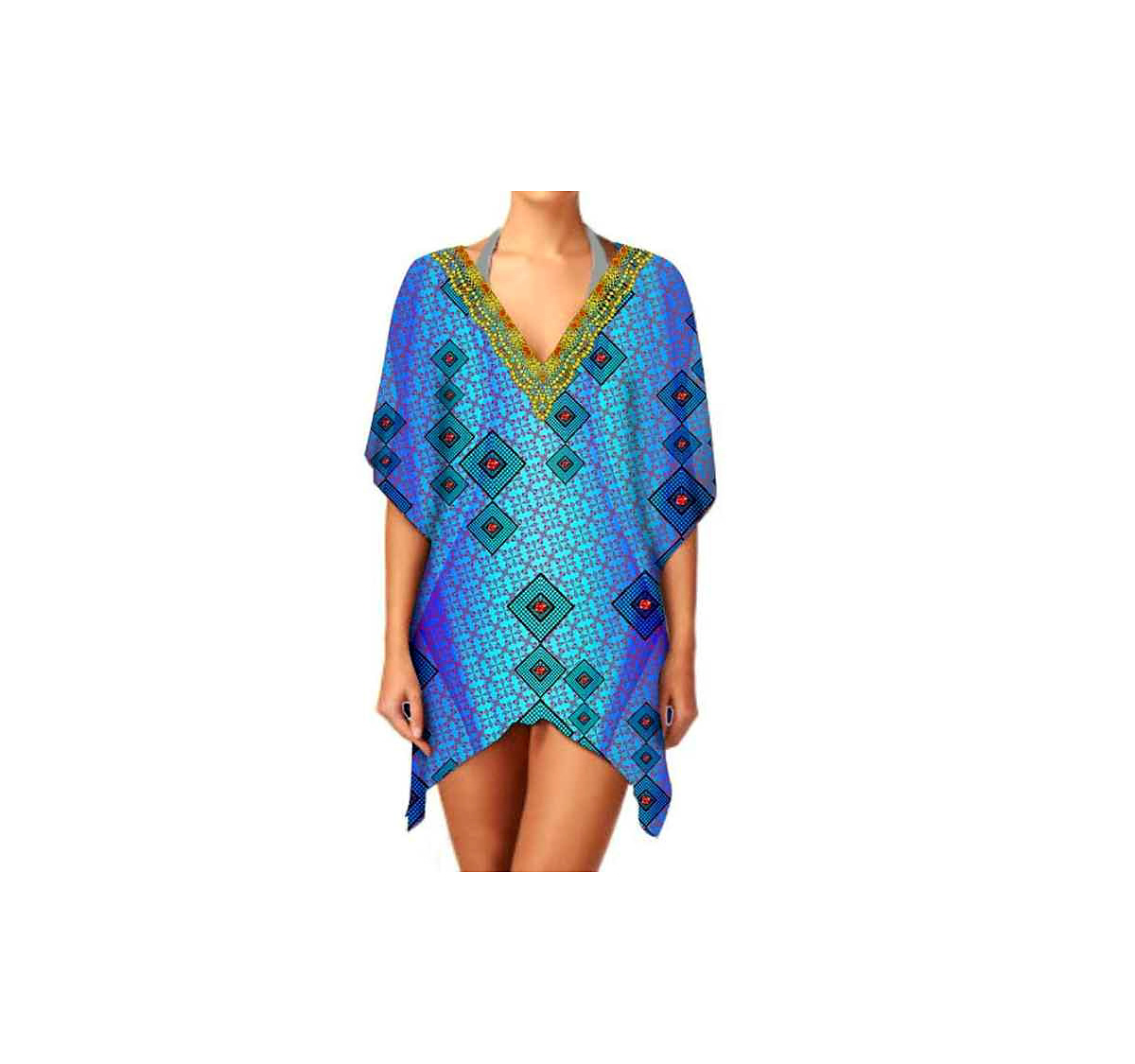Stylish Casual Women's Short Kaftan Dress Lightweight and Breathable Fabric V-Neck for Summer Beach Outings Digital Printed @ Short Length Kaftan