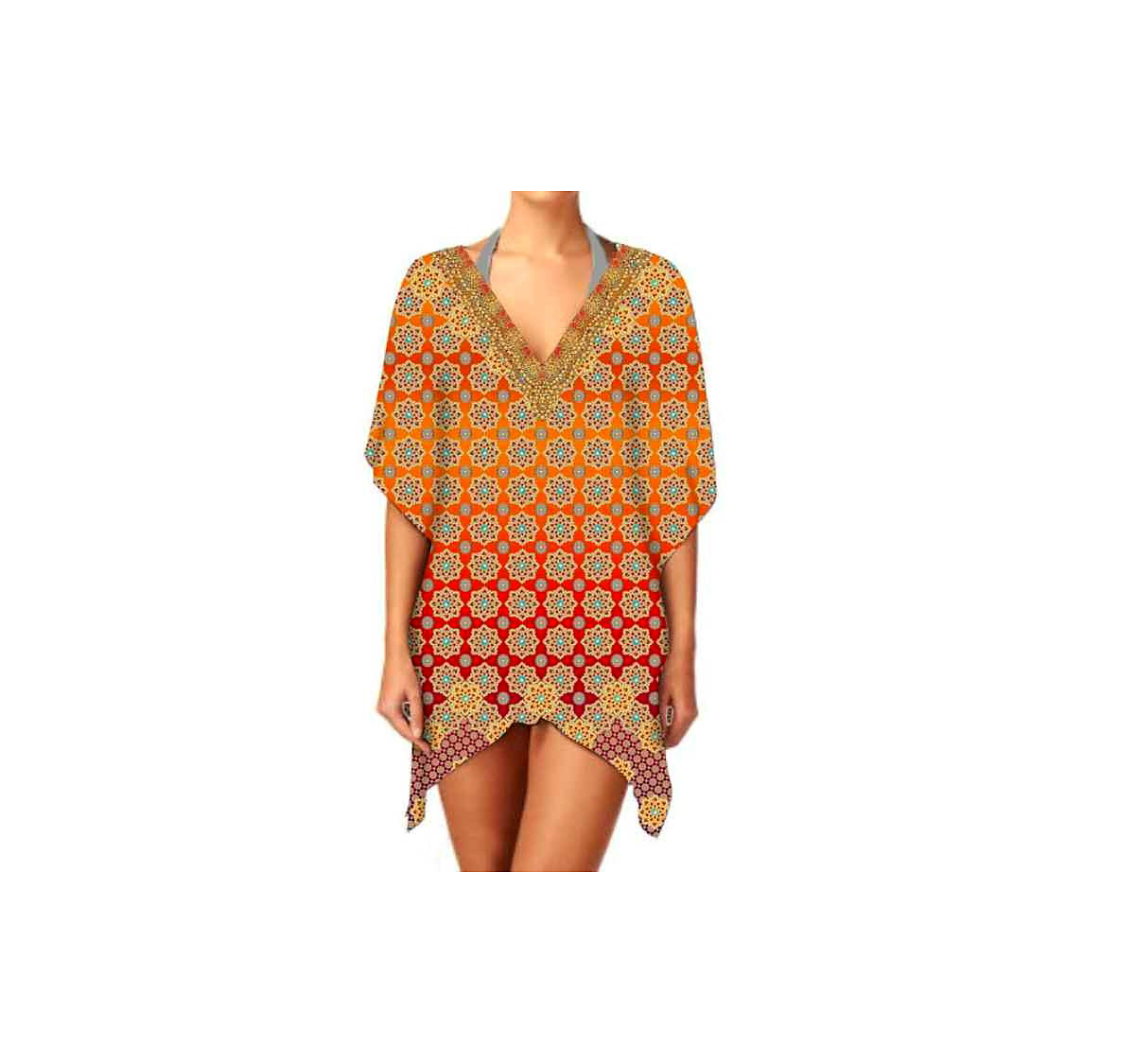 Women's Comfortable Loose Fit Short Kaftan Dress Soft and Lightweight Fabric for Summer Casual Wear V-Neck Digital Printing @ Short Length Kaftan