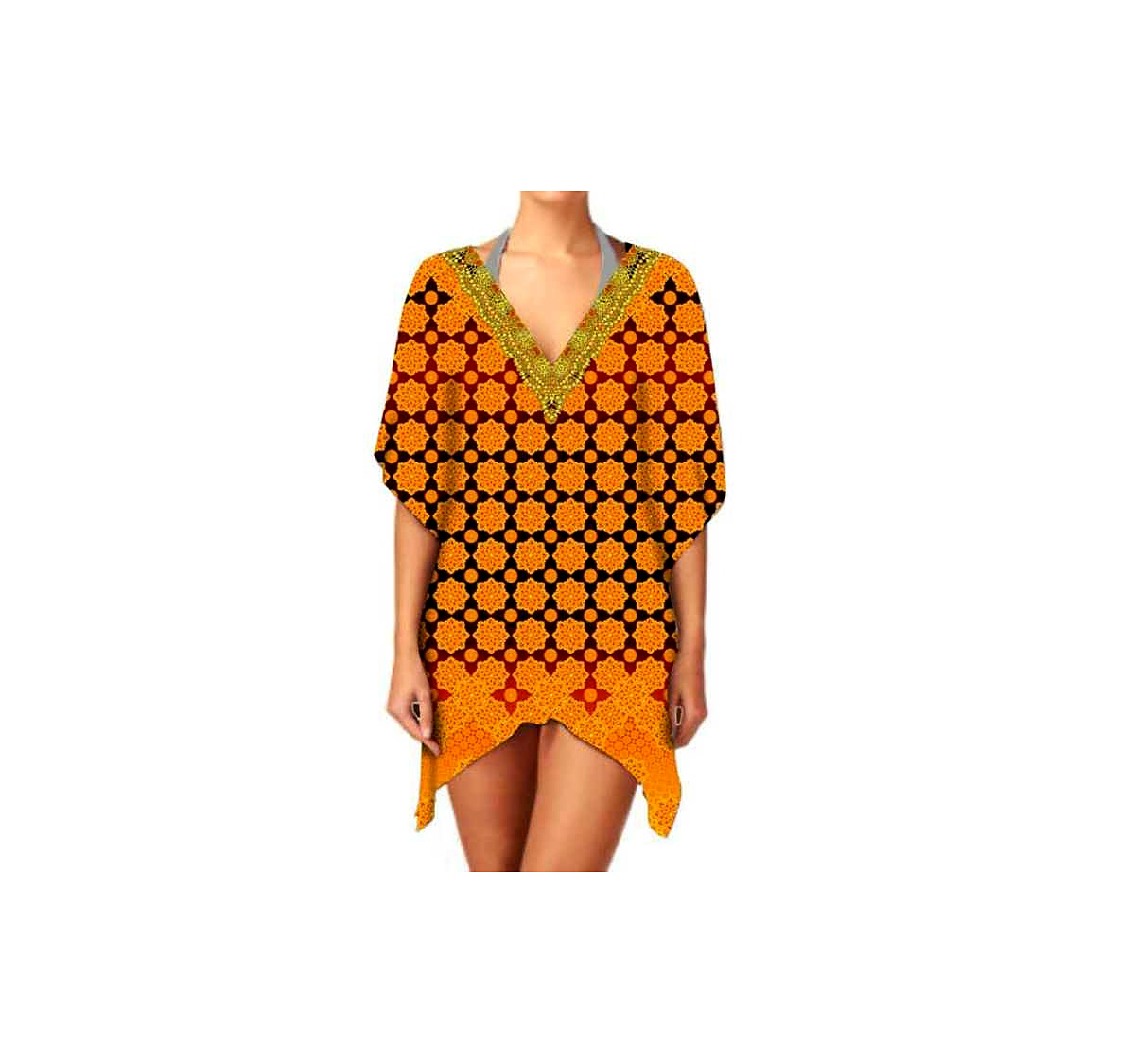 Stylish Women's V-Neck Short Kaftan Dress Breathable Lightweight Fabric Digital Printing for Summer Beachwear and Daily Wear @ Short Length Kaftan
