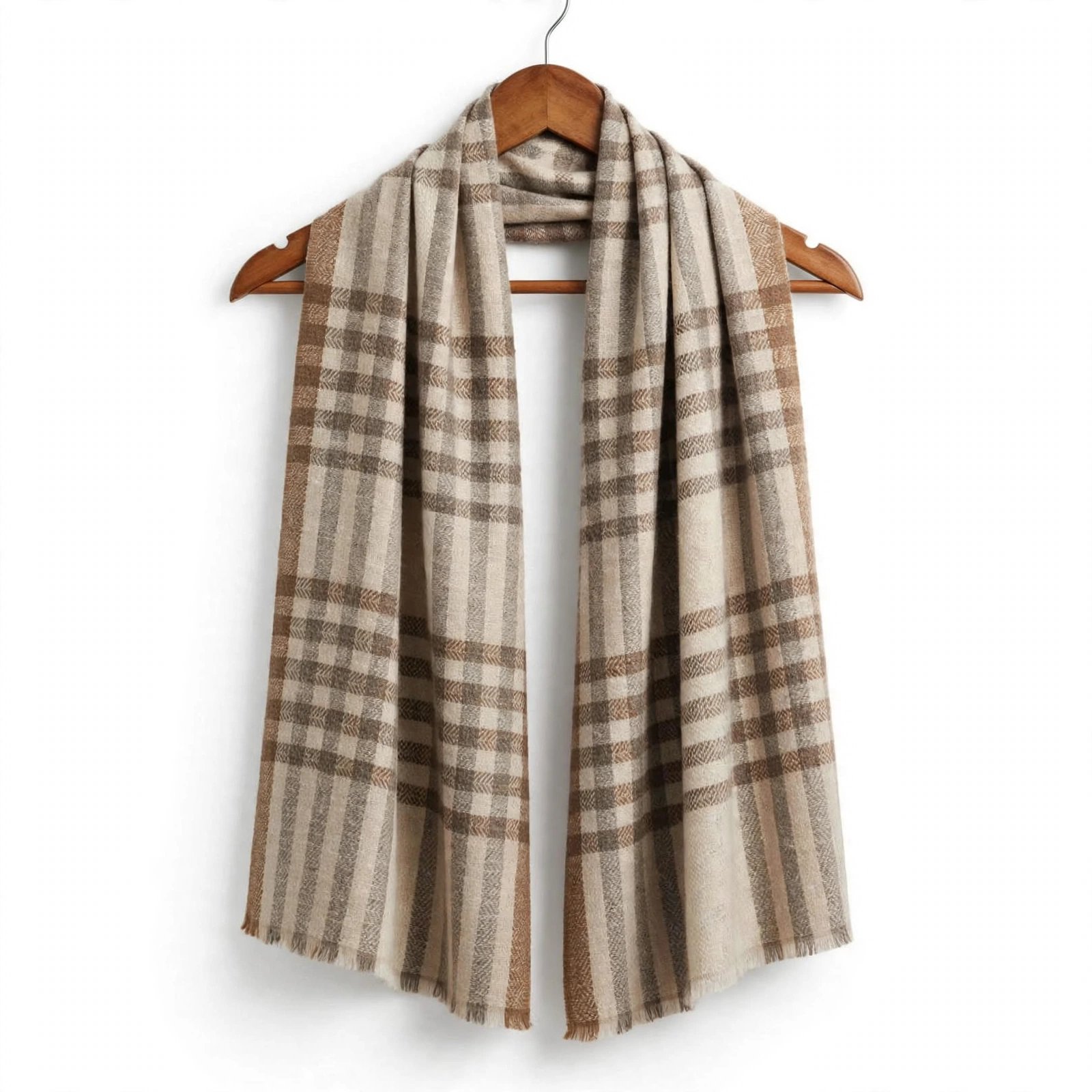 Natural Heritage Check Natural beige-and-ivory Pashmina with understated taupe and charcoal checks, presented as a versatile Himalayan